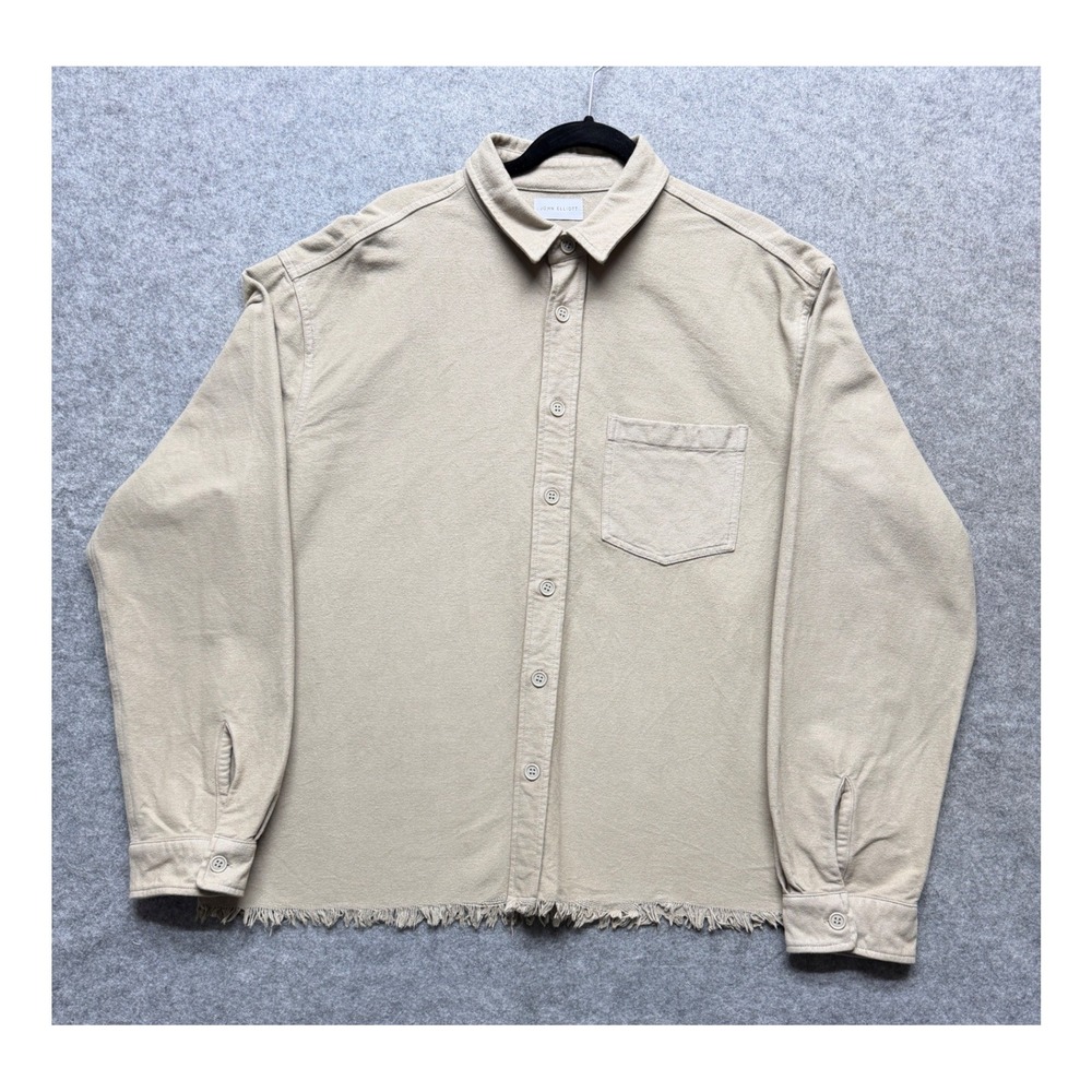 John Elliott Hemi Oversized Shirt Khaki Tan Beige Frayed Hem Mens Size 3 L